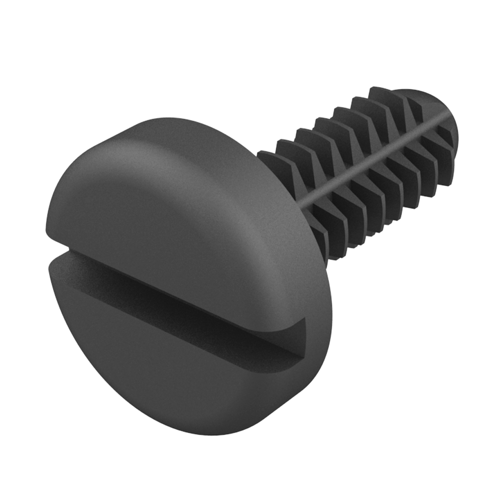 Das Design dieses Dreh-Clips kombiniert die Vorteile einer Niete zum Einstecken mit denen einer Schlitzschraube mit Flachkopf. Für die schnelle Montage kann der Clip in ein Gewindeloch gedrückt werden und dann, für festeren Halt oder für die Demontage, geschraubt werden.